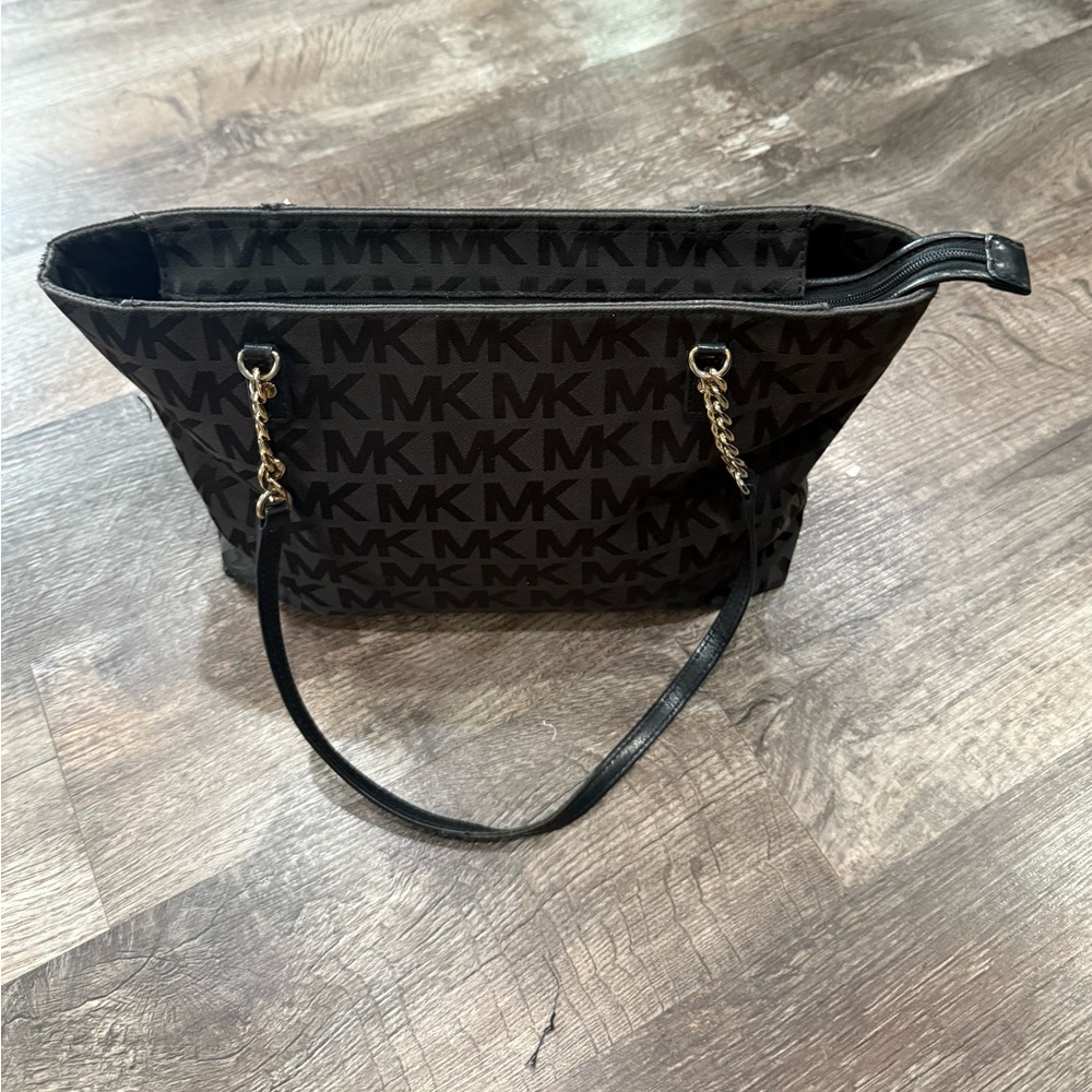 Michael Kors Black Signature Tote with Leather Trim